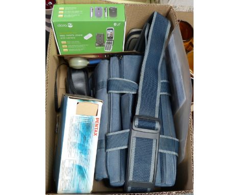 A boxed Pentax digital camera, Pentax digital camera lenses, carry case, Doro fliphone, etc.