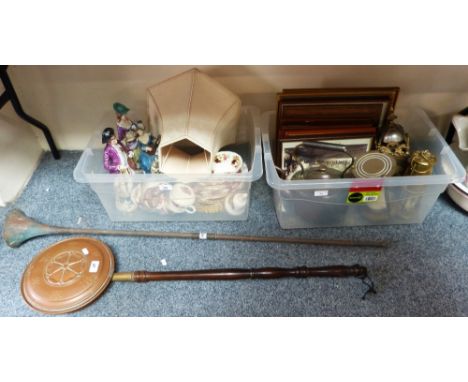 A brass and copper warming pan, miners lamp, copper kettle, large egg timer, prints, figurines, etc. 