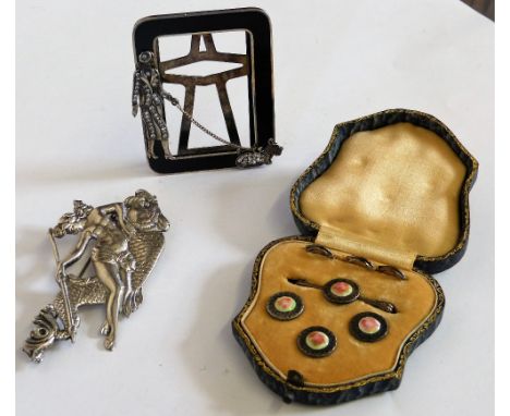 A silver, enamel and paste photograph frame with an applied lady walking a dog London 1993, a brooch and a set of buttons, ca