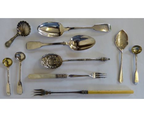 An Edwardian silver and mother of pearl pickle fork Sheffield 1907 and various other silver and plated flatware