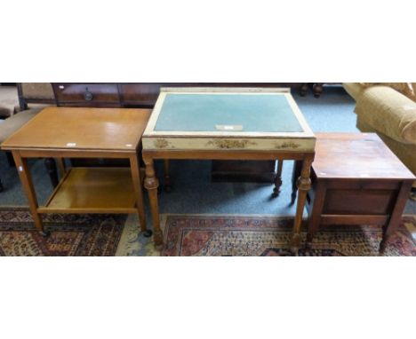 A continental walnut and painted writing table with inset top, 78cm wide, an Edwardian walnut commode stool and an oak fold-o