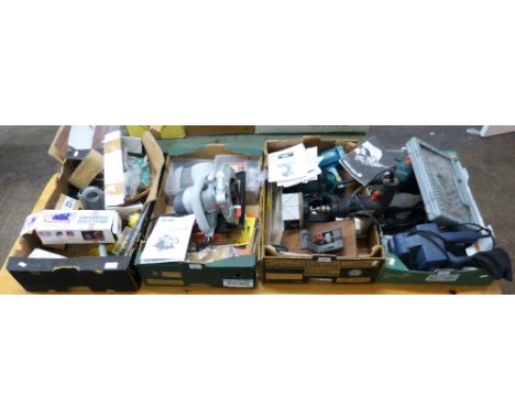 A Performance power circular saw, together with various other power tools, drills, sanders, bench saw, heat gun and accessori