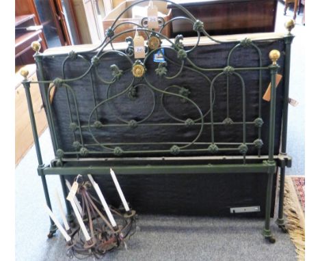 A modern Victorian style brass and green painted iron 4' bedstead with side irons and box base and a wrought iron candle ceil