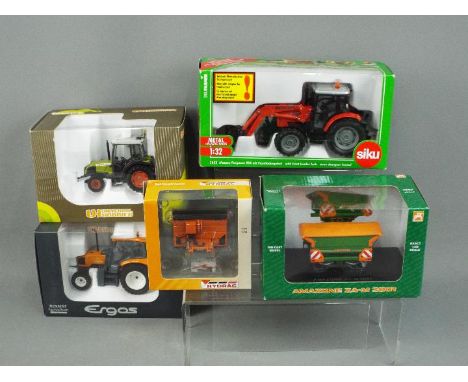 Siku, Universal Hobbies - Five boxed diecast model farm vehicles and implements. Lot includes Siku 1:32 #3653 Massey Ferguson