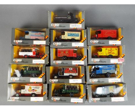 Corgi - 13 boxed diecast vehicles by Corgi. Lot includes #907 Thornycroft Van - HP Sauce; C867/2 Thornycroft Beer Truck; C906