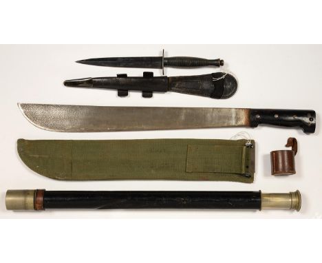 A WORLD WAR TWO BRITISH MILITARY ISSUE JUNGLE KNIFE AND CANVAS SHEATH BY JOSEPH RODGERS AND SONS SHEFFIELD, ALSO MARKED A F /