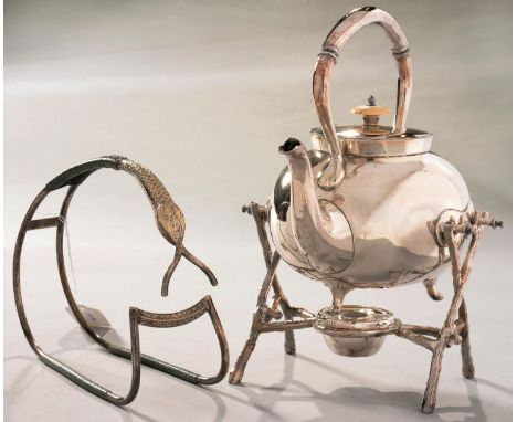 A VICTORIAN ELECTRO-PLATED 'GYPSY'&nbsp; KETTLE OF SPHERICAL FORM ON THREE FEET AND RUSTIC LAMPSTAND, 27CM H, AN EPNS AND LEA