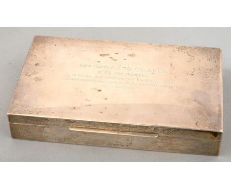 A BELGIAN SILVER CIGARETTE BOX, CEDAR LINED, 19CM L, 1960'S  Good condition with contemporary inscription dated 1969, light p