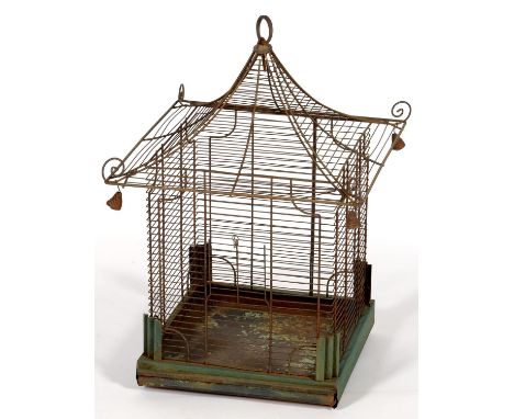 A PAINTED WOOD AND WIREWORK PAGODA SHAPED BIRDCAGE WITH RING HANDLE, 56CM H; 40 X 40CM  Some light surface rust