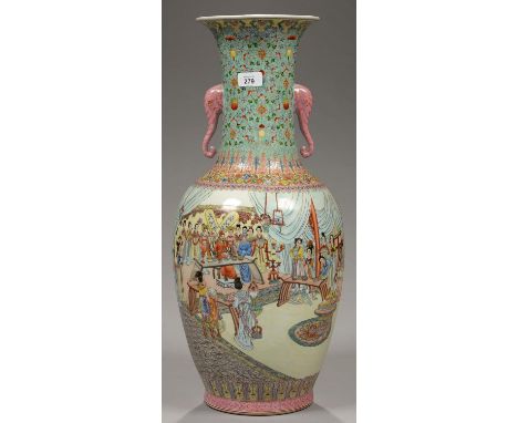 A CHINESE FAMILLE ROSE VASE, ENAMELLED WITH A CONTINUOUS PORT SCENE, THE TURQUOISE NECK WITH FORMAL LOTUS MEANDER, LANTERNS A