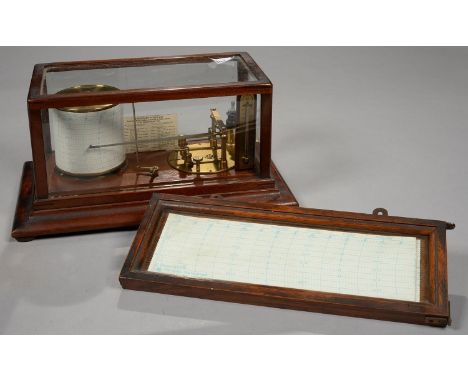 A BAROGRAPH BY J. CASARTELLI &amp; SON, MANCHESTER, WITH LACQUERED BRASS MECHANISM AND RECORDING DRUM, ALCOHOL THERMOMETER AN