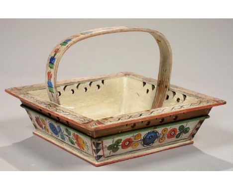FOLK ART. A NORWEGIAN FLORAL PAINTED WHITE GROUND WOOD BASKET, WITH BENTWOOD HANDLE, 23CM W  Decoration worn in places