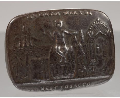 SLAVE TRADE. AN OBLONG TINPLATE SNUFF BOX, THE LID EMBOSSED WITH A SLAVE SEATED ON A BARREL AND SMOKING A PIPE, POINTING TO A