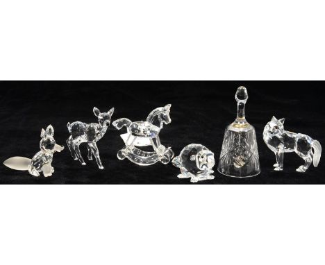 SWAROVSKI CRYSTAL -&nbsp; DEER, WOLF, FOX, BEAVER, ROCKING HORSE AND BELL 9CM H (6), ORIGINAL&nbsp; BOXES  