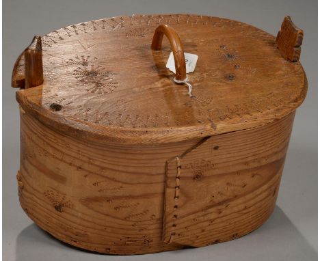 FOLK ART. A SCANDINAVIAN DECORATED BENTWOOD BOX AND PEGGED LID, 31CM L  Good condition with light wear only