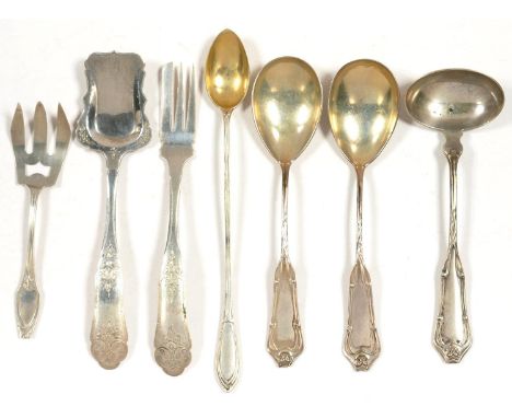 A GERMAN SILVER SAUCE LADLE AND PAIR OF MATCHING SERVING SPOONS AND TWO OTHER PAIRS OF GERMAN SILVER SERVING FLATWARE, BY VAR