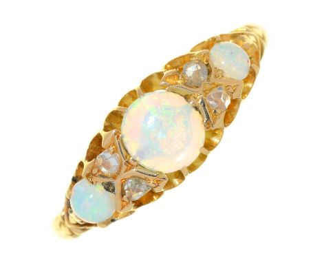 A VICTORIAN OPAL AND DIAMOND RING, IN 18CT GOLD, CHESTER 1899, 2.8G, SIZE P  Opals retaining some polish; good condition