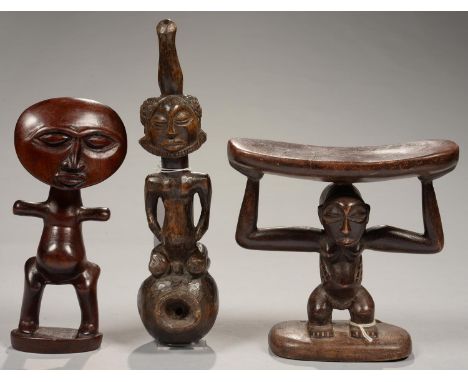 TRIBAL ART. THREE AFRICAN FIGURAL WOOD CARVINGS, INCLUDING A LUBA NECK REST, 15CM H  The lot in good condition