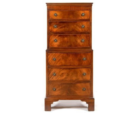 A GEORGE III STYLE BOW FRONTED MAHOGANY DWARF CHEST-ON-CHEST WITH BRASS RING HANDLES, 130CM H; 54 X 40CM  Some light scratche