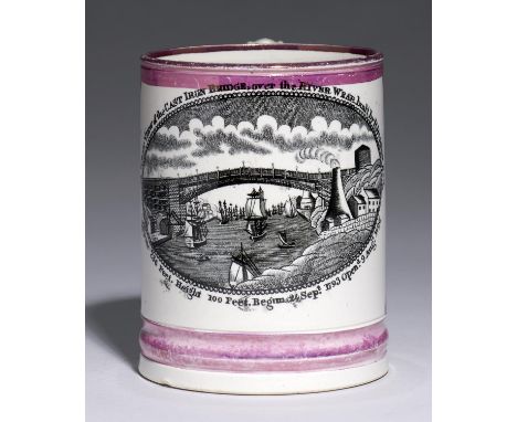 A SUNDERLAND LUSTRE FROG MUG, GARRISON POTTERY, C1820-40, TRANSFER PRINTED WITH THE WEAR BRIDGE, 12CM H  Tiny surface graze o