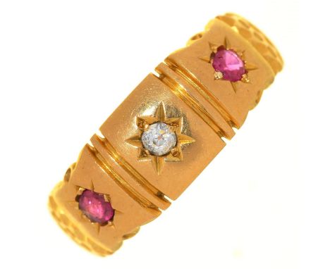 A VICTORIAN RUBY AND DIAMOND THREE STONE GYPSY SET RING, IN 18CT GOLD, CHESTER 1900, 4.4G, SIZE P  Light wear consistent only