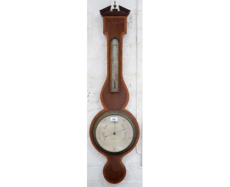 A VICTORIAN MAHOGANY BAROMETER, CROSSBANDED IN SATINWOOD AND LINE INLAID, THE SILVERED REGISTER INSCRIBED T B WINTER &amp; SO