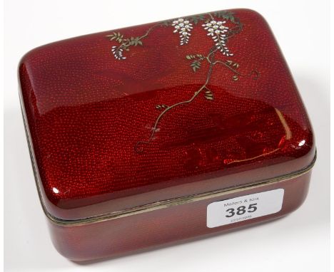 A JAPANESE CLOISONNE, GINBARI ENAMEL BOX AND COVER, THE COVER DECORATED WITH FLOWERS ON AN INTENSE RED GROUND OVER FOIL WITH 