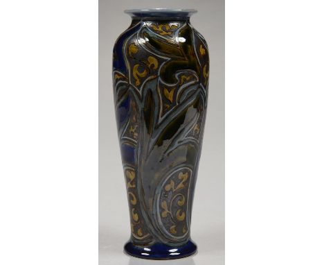 AN ART NOUVEAU DOULTON WARE VASE WITH PIGMENT BRUSH - LINE DECORATION OR STYLISED FOLIAGE BY MARK V. MARSHALL, 26CM H, IMPRES