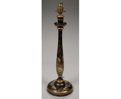 A CHINOISERIE JAPANNED TABLE LAMP IN THE FORM OF A SLENDER BALUSTER CANDLESTICK, 50CM H EXCLUDING BRASS FITMENT, C1930  Light