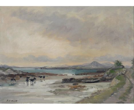 HUBERT ANDREW FREETH, RA, COWS IN THE HARBOUR, SIGNED, SIGNED AGAIN, INSCRIBED WITH THE TITLE AND ARTIST'S ADDRESS VERSO, OIL