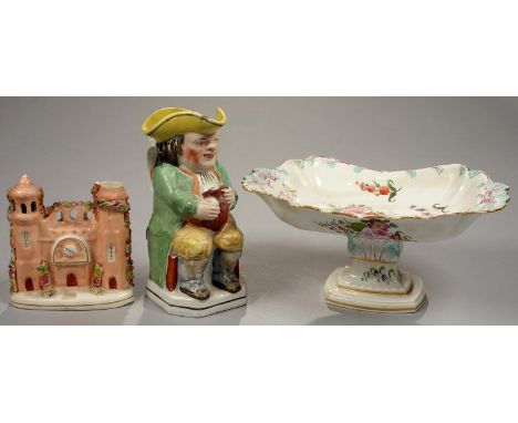 AN ENGLISH PORCELAIN COMPORT, PAINTED IN MEISSEN STYLE WITH A LOOSE BOUQUET AND SCATTERED FLOWERS IN LIGHTLY MOULDED TURQUOIS