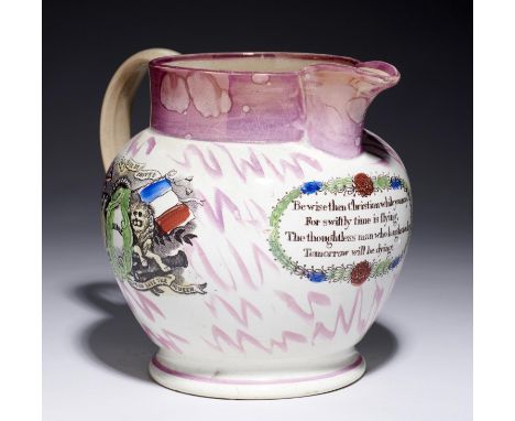 A SUNDERLAND LUSTRE JUG, PROBABLY DEPTFORD OR BALL'S POTTERY, C1860, WITH THREE POLYCHROME SPONGED TRANSFER PRINTS OF A FRIGA