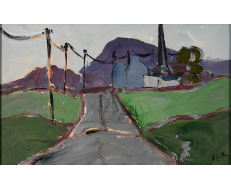 RACHEL GRAINGER - HUNT, VILLAGE, SIGNED WITH INITIALS, SIGNED AGAIN VERSO, ACRYLIC ON BOARD, 22.5 X 37CM, LIGHT GREY PAINTED 