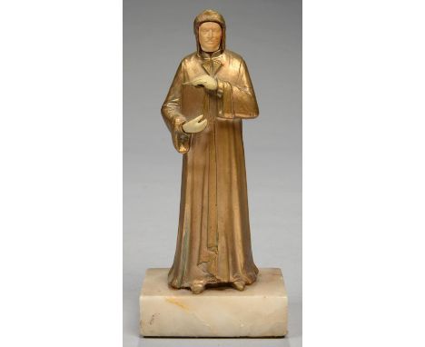 AN ART DECO GILTMETAL AND IVORY COLOURED COMPOSITION STATUETTE OF DANTE, INDISTINCTLY SIGNED, ON ALABASTER BASE, 20CM H, C193