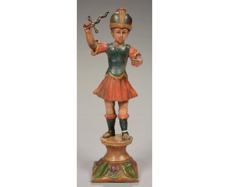 SOUTH AMERICAN ART. A PERUVIAN PAINTED ALABASTER STATUETTE OF ST. MICHAEL, 19TH C Some restoration&nbsp;- Since further damag