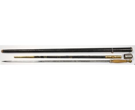 A BLACK LEATHER SLEEVED BRASS WALKING CANE WITH PLATED, THREADED POMMEL CONTAINING A SMALL MASONIC SWORD AND SCABBARD, BY WIL