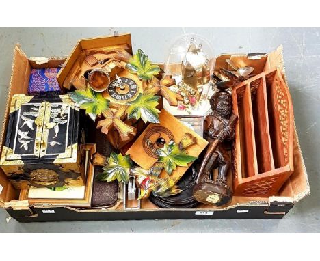 TRIBAL ART. AN AFRICAN CARVED WOOD FIGURE OF A MAN, 29CM H, A CUCKOO CLOCK, AN ANNIVERSARY CLOCK AND MISCELLANEOUS ITEMS, TO 