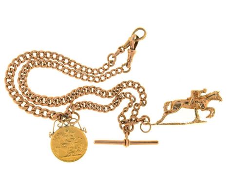 GOLD COIN. A 9CT GOLD ALBERT,&nbsp; APPROX 42CM, C1900, MOUNTED WITH A 9CT GOLD HORSE AND JOCKEY CHARM AND A SOVEREIGN, 1893M