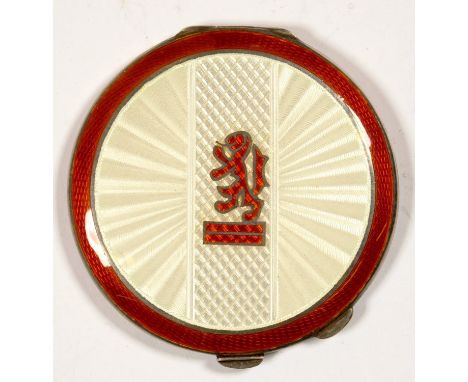 A GEORGE VI SILVER AND WHITE AND CHERRY RED GUILLOCHE ENAMEL COMPACT, THE BACK ENGINE TURNED, 7CM D, BY H. C. DAVIS, BIRMINGH