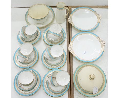 A GRAINGER WORCESTER TEA SERVICE WITH SEPIA PRINTED AND BLEU CELESTE BORDER IN GILT RIM AND A MUFFIN DISH AND COVER AND PAIR 