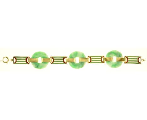 A GOLD AND RED ENAMEL BRACELET, WITH THREE JADE BI-DISCS, APPROXIMATELY 180MM, INDISTINCTLY SIGNED, OTHERWISE UNMARKED, 26.3G
