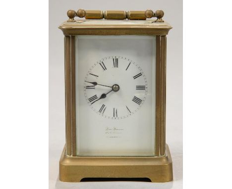 A FRENCH BRASS CARRIAGE TIMEPIECE, THE ENAMEL DIAL INSCRIBED FOR THE RETAILER JOHN BENNETT 64 &amp; 66 CHEAPSIDE LONDON, THE 