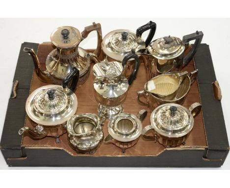A FOUR PIECE EPNS TEA SERVICE AND OTHER PLATED HOLLOWARE, INCLUDING A LATE VICTORIAN COFFEE POT, 19CM H  Generally good condi