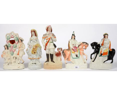 FOUR STAFFORDSHIRE FLATBACK FIGURES, INCLUDING TWO EQUESTRIAN MODELS AND A WATCH HOLDER GROUP, ALL 19TH C, 36CM H AND SMALLER