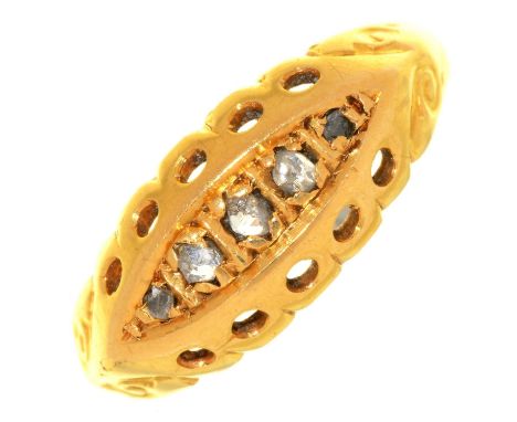 A CHIP DIAMOND FIVE STONE RING, SPLIT SET IN 18CT GOLD, C1910, MARKS RUBBED, 2.5G, SIZE I½  Light wear