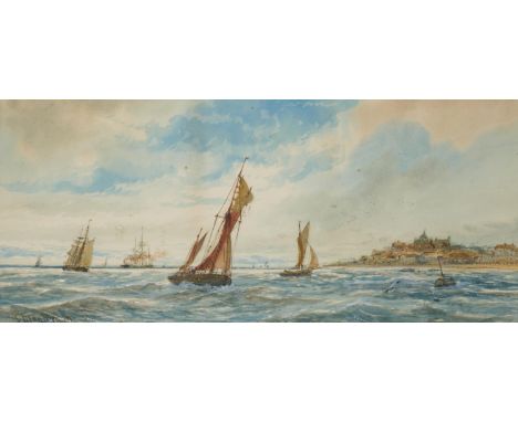 THOMAS MORTIMER (FL 1880-1920), FISHING BOATS; SHIPPING NEAR THE COAST, A PAIR, BOTH SIGNED, WATERCOLOUR, 22 X 49.5CM (2)  Li