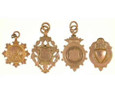 FOUR 9CT GOLD WATCH FOB SHIELDS, VARIOUS MAKER'S AND DATES, 22G  Good condition with light wear consistent with age