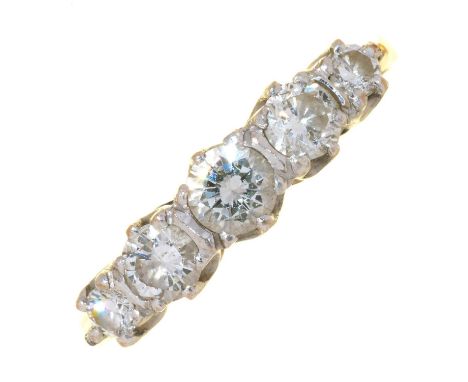 A DIAMOND FIVE STONE RING, WITH ROUND BRILLIANT CUT DIAMONDS, IN 18CT GOLD, LONDON 1983, 3.2g, size L½  Diamonds clean and br