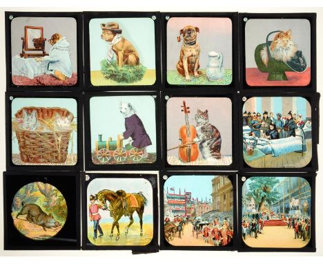 A COLLECTION OF LATE VICTORIAN COLOURED GLASS MAGIC LANTERN SLIDES, INCLUDING SEVERAL PART SETS IN ORIGINAL BOXES, COMPRISING