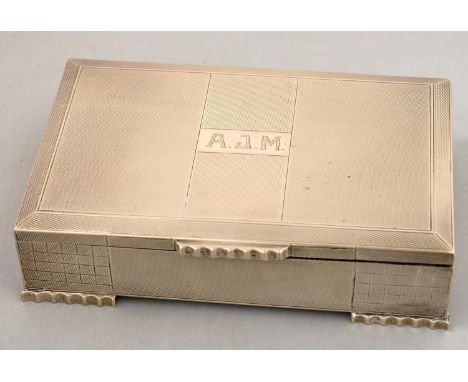 A BELGIAN SILVER CIGARETTE BOX, ENGINE TURNED, WOOD LINED, 17.5CM L, MAKER'S AND CONTROL MARKS, INCLUDING 830, C1960  Good co